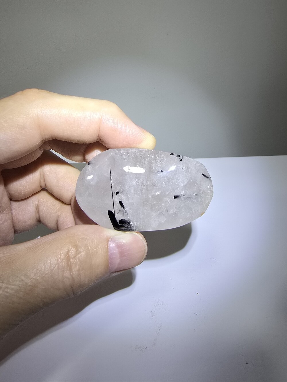 Clear Quartz with Tourmaline Crystal Palmstone #A